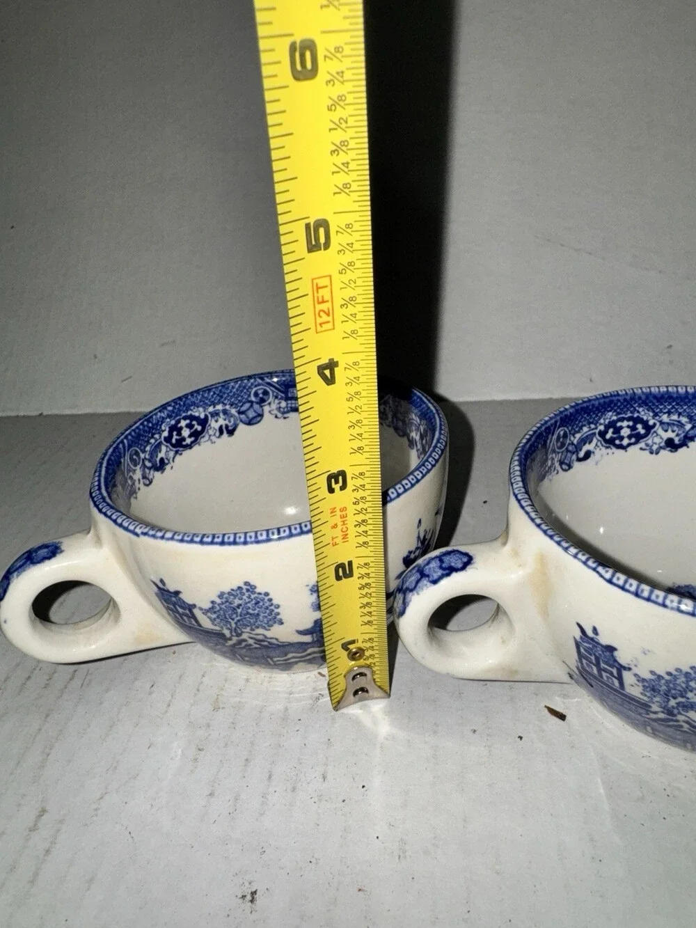 Vintage Blue Willow China Cups Pair Loop Handles Pagoda Blue White Tea Cups